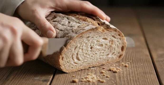 Hands slicing a loaf of rustic bread on a wooden surface, with crumbs scattered around.