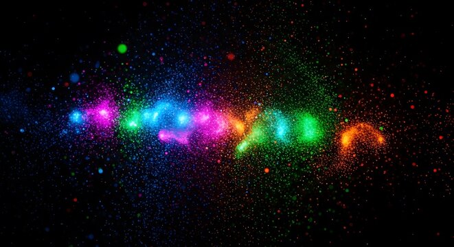 Colorful and abstract bursts of light and particles, scattered against a black background. - Powered by Adobe