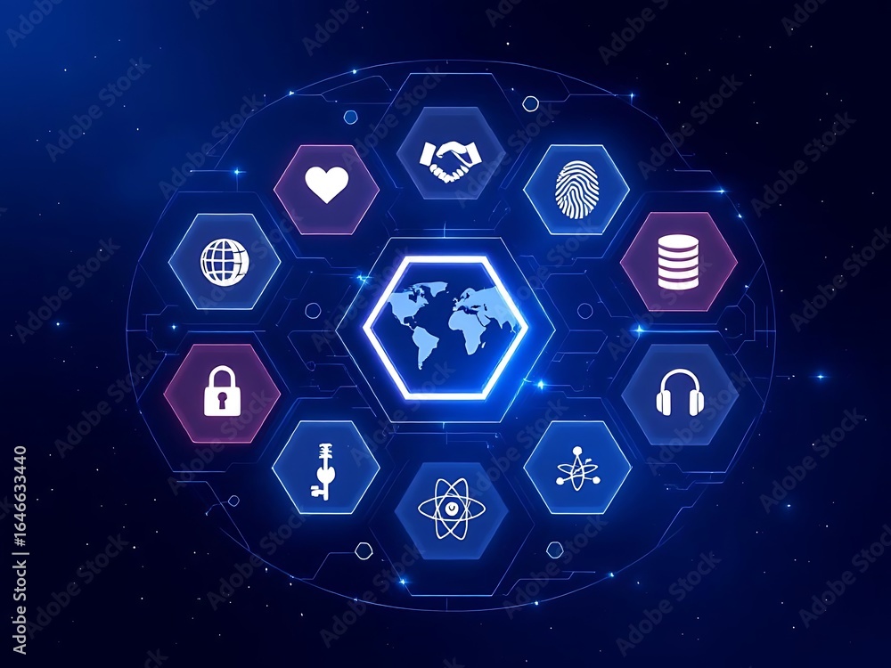 Poster global network technology innovation concept digital world connection security data transfer future 