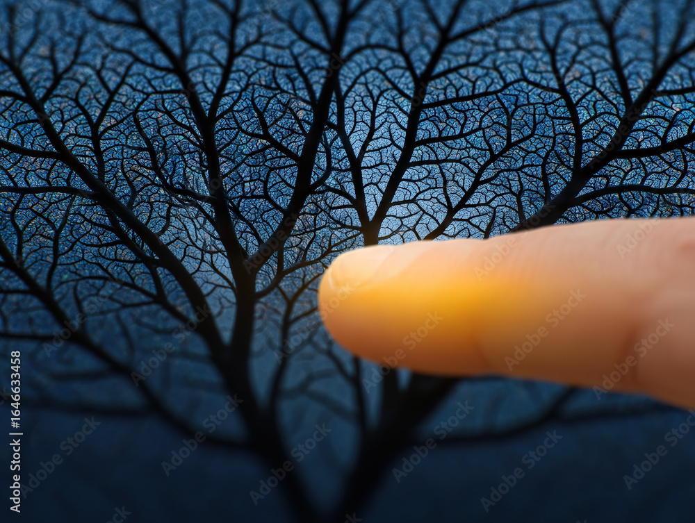 Poster glowing fingertip touching network of intricate tree like branches, symbolizing connection and energ