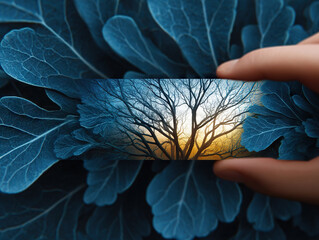 Hand holding small rectangular frame reveals silhouette of tree branches against vibrant sunset, surrounded by textured blue