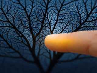 Glowing fingertip touching network of intricate tree like branches, symbolizing connection and energy