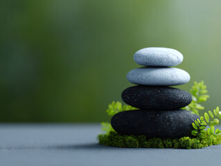 Stacked stones with greenery on textured surface, evoking calm and balance in natural setting
