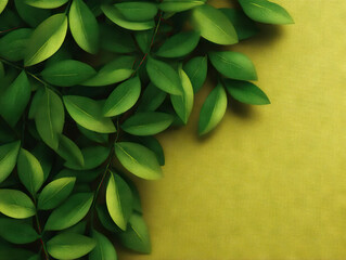 Green leaves on warm yellow background create vibrant and natural composition