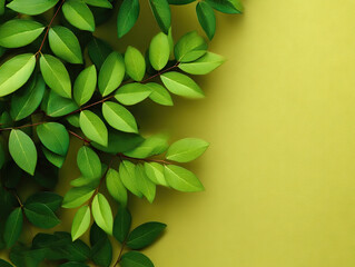 Green leaves on warm yellow background create vibrant and natural composition