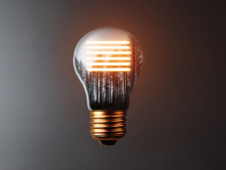 Glowing light bulb with forest silhouette inside, symbolizing harmony between nature and innovation
