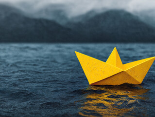 Yellow paper boat floating on water with raindrops, surrounded by misty mountain backdrop, evoking serene and reflective mood
