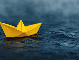 Yellow paper boat floating on rippling water, evoking sense of calm and simplicity