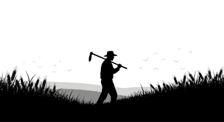 silhouette of a farmer walking through wheat field hard work rural life and agricultural success