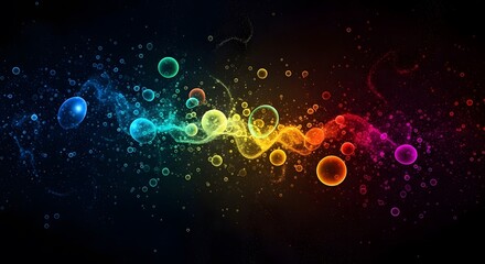 Abstract illustration of colorful, glowing bubbles and swirls flowing across a dark background, creating a vibrant and dynamic pattern.