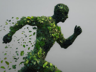 Figure made of green leaves and foliage running, symbolizing nature, sustainability, and eco friendly concepts
