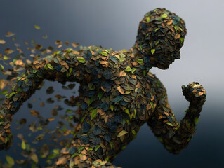 Dynamic figure made of leaves running, symbolizing nature, energy, and motion against gradient background