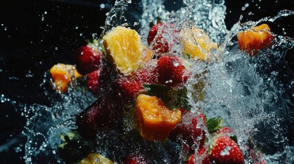 Fresh fruit explosion in water splash on black background