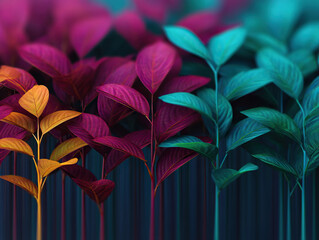 Colorful abstract plant design with vibrant red, orange, and teal leaves, creating surreal and artistic atmosphere