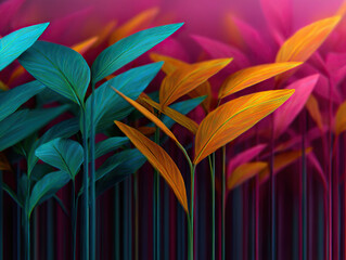 Colorful abstract plant design with vibrant orange, teal, and pink leaves, creating surreal and artistic atmosphere