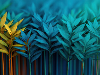 Colorful abstract plant design with vibrant blue, teal, and yellow leaves, creating modern and artistic botanical pattern