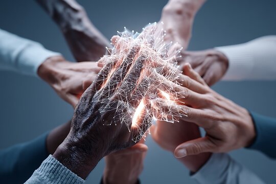 A group of diverse hands coming together with a digital network overlay, signifying unity and interconnectedness.