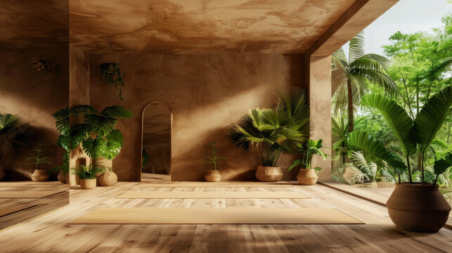 Serene yoga room featuring floor mats, mirrors, and calming neutral tones, surrounded by lush greenery and natural light, creating peaceful atmosphere for relaxation and mindfulness