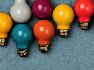 Colorful light bulbs arranged on textured surface, showcasing vibrant hues and creative aesthetic
