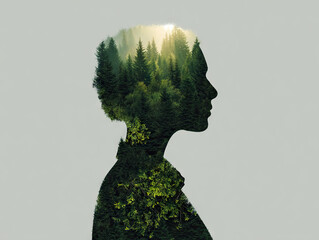 Creative double exposure of human silhouette filled with lush green forest, symbolizing harmony with nature
