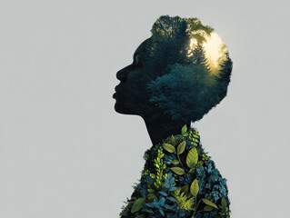 Creative double exposure of woman silhouette filled with lush green foliage and sunlight, symbolizing harmony with nature