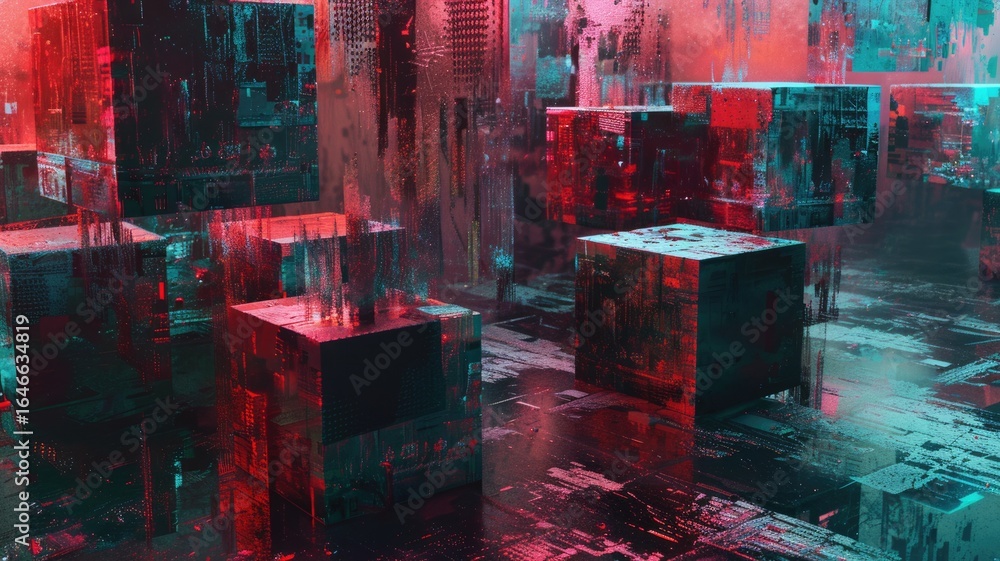 Poster abstract digital cubes with pink and blue glowing effects. digital artwork of 3d rendering geometric