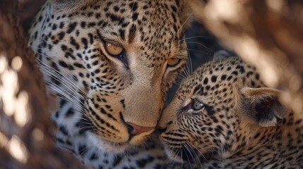 Fototapeta premium Tender moment between a mother leopard and her cub in a natural habitat.