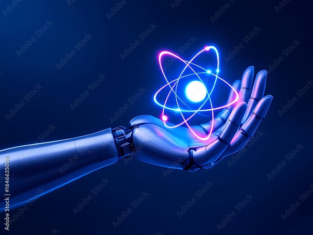 Aufkleber robot hand holding atom futuristic ai technology science innovation concept design rendering illustr