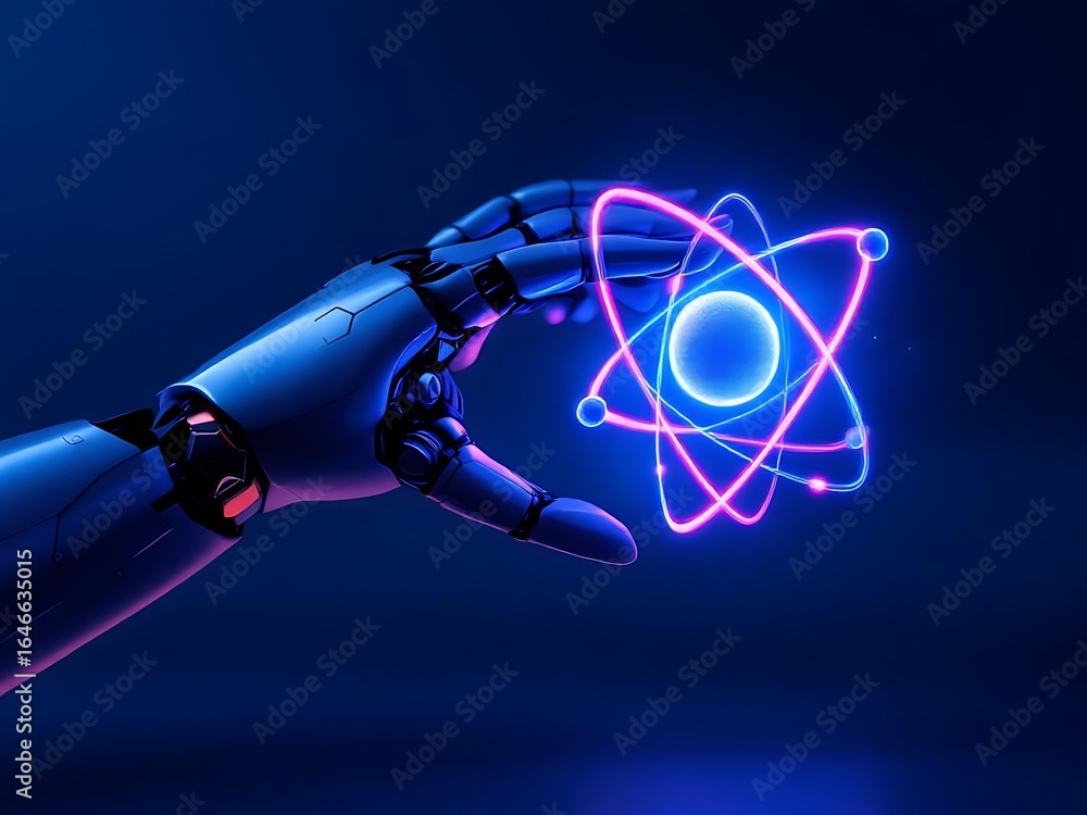 Poster robot hand holding atom futuristic technology artificial intelligence ai innovation concept design o