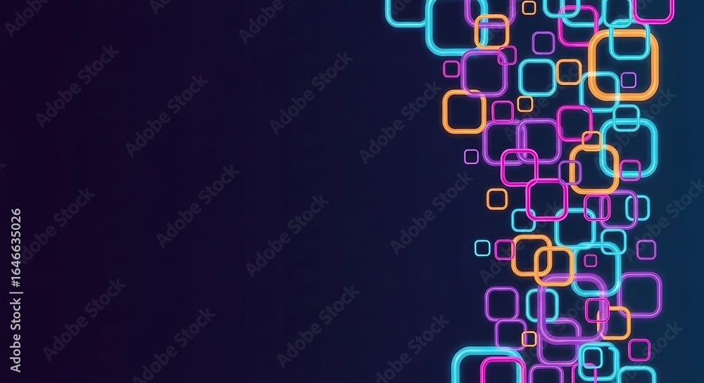 Poster Dynamic digital art with glowing rounded squares on gradient deep blue backdrop