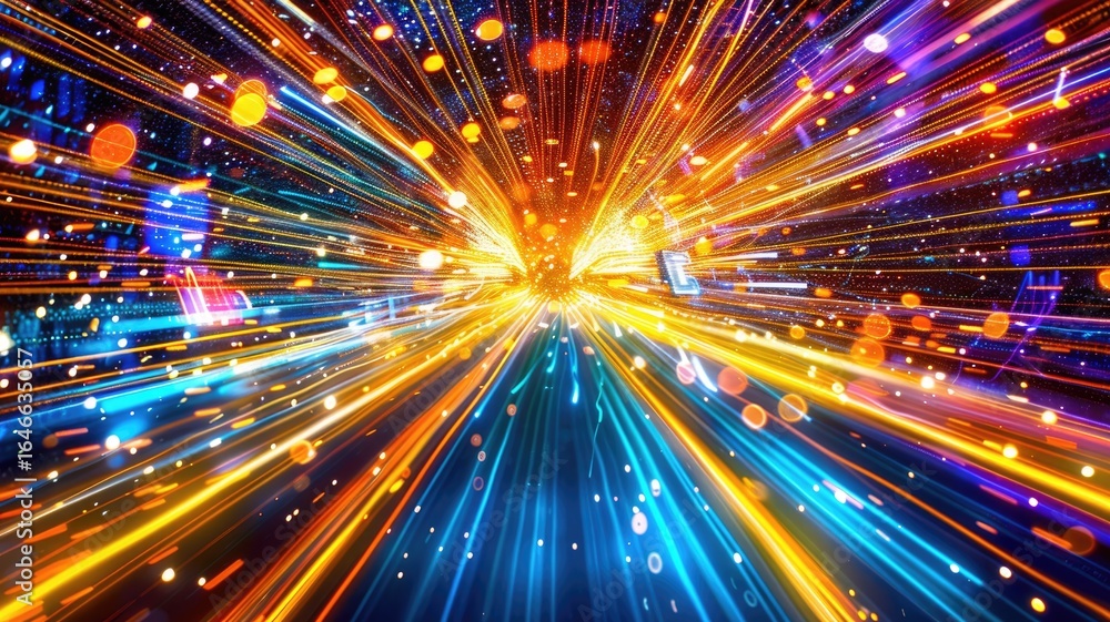 Poster light speed burst with blue and orange streaks. dynamic motion of glowing particles in a digital tun