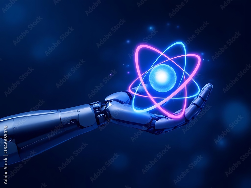 Aufkleber robot hand holding atom future technology science innovation artificial intelligence ai concept desi