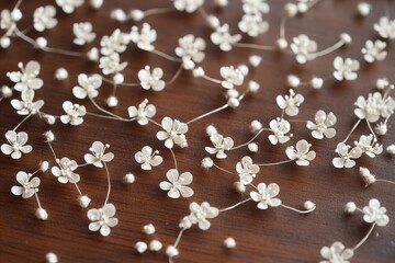 Delicate White Floral Garland with Pearl Accents on a Wooden Sur