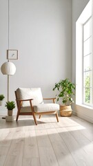 Light-filled room with armchair, plants, and large window