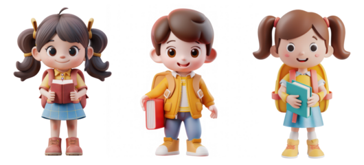 Three children in school uniforms, one holding a book, standing in front of a transparent background