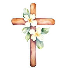 watercolor wooden cross with flowers at the base illustration