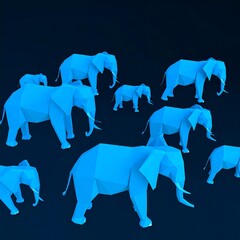 Low-poly blue elephants of varying sizes congregate on a dark background
