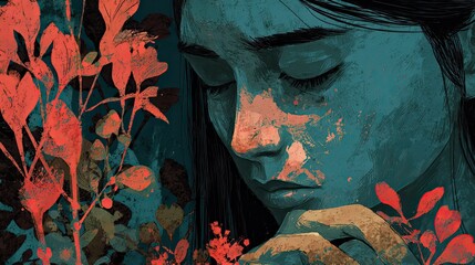 Evocative portrait of a pensive woman surrounded by vibrant, abstract foliage evoking introspection and natural beauty