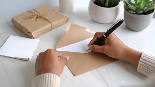 Hands write in a brown envelope on a table next to a wrapped gift and potted plants
