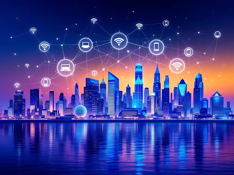 City skyline network connectivity wifi technology smart city future cityscape connection internet on transparent background