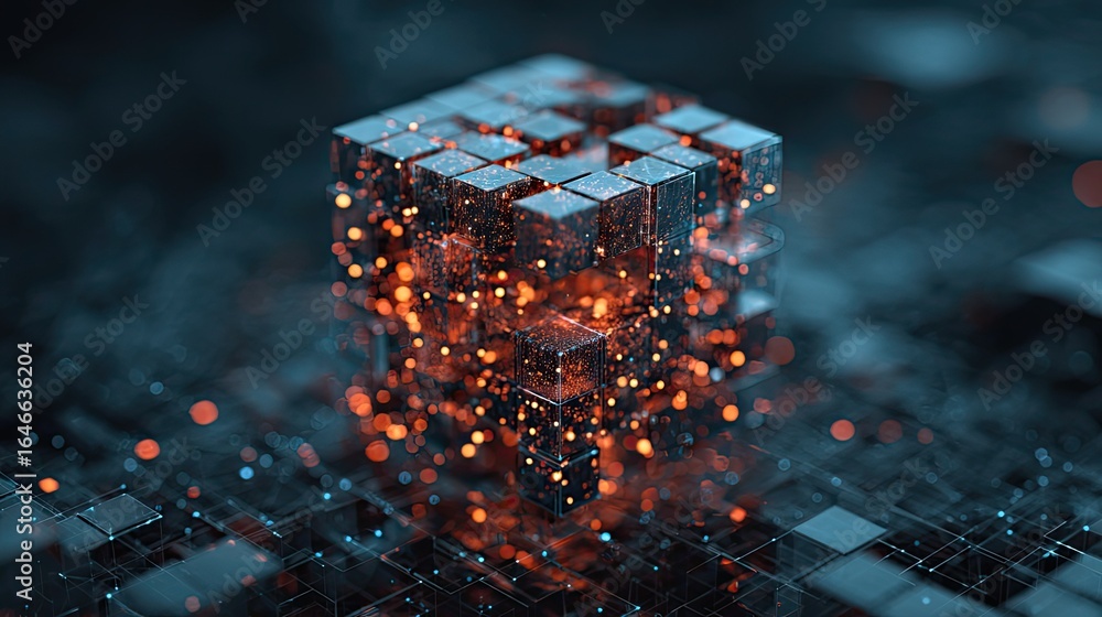 Poster dynamic abstract cube structure glows with vibrant orange energy, representing complex data, futuris
