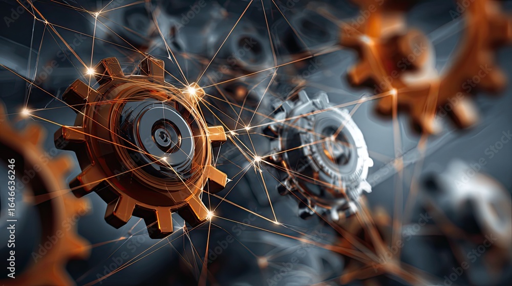 Poster dynamic interconnected gears symbolize innovation and complex mechanical systems powering future pro