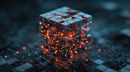 Dynamic abstract cube structure glows with vibrant orange energy, representing complex data, futuristic technology, and innovative digital concepts.