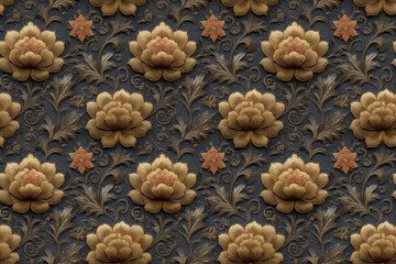 Obraz premium Traditional Thai Pattern with Golden Peonies and Vines,seamless pattern