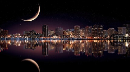 Night City Skyline with Crescent Moon Reflection. High quality