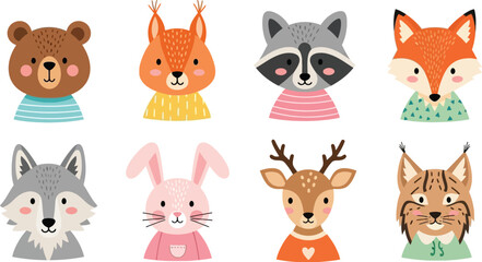 Naklejka premium Collection of eight cartoon forest animals wearing striped shirts