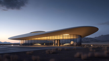 Modern architectural building with curved roof and glass walls in a desert landscape.