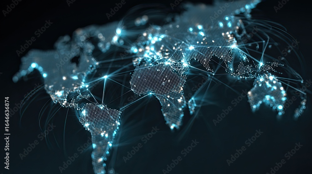 Poster dynamic glowing world map with interconnected digital network lines and bright city lights symbolizi