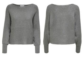 Female beige knitted sweater on white background, top view, with flat lay. Fashion Lady Clothes...