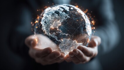 Glowing digital globe cradled in hands, showcasing interconnectedness via light trails, representing global networks and data flow